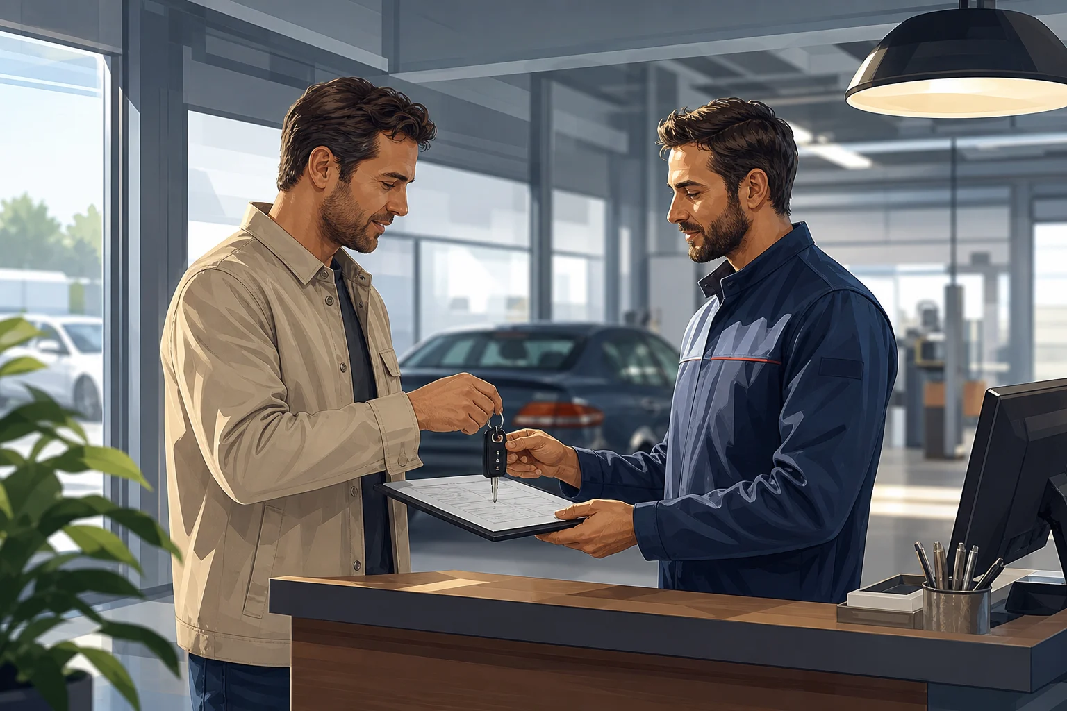 Un client et un réceptionniste examinent un document lors du dépôt d’une voiture au garage