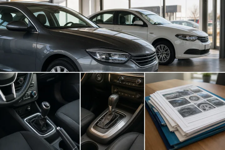 Zwei Gebrauchtwagen stehen geparkt, einer mit Schalthebel und einer mit Automatik-Wählhebel, daneben Wartungsunterlagen.