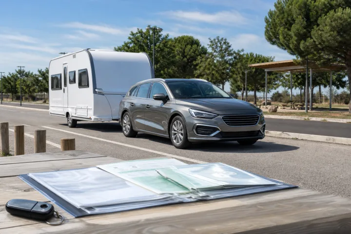 Autovettura con una caravan agganciata parcheggiata accanto a documenti del veicolo su un tavolo