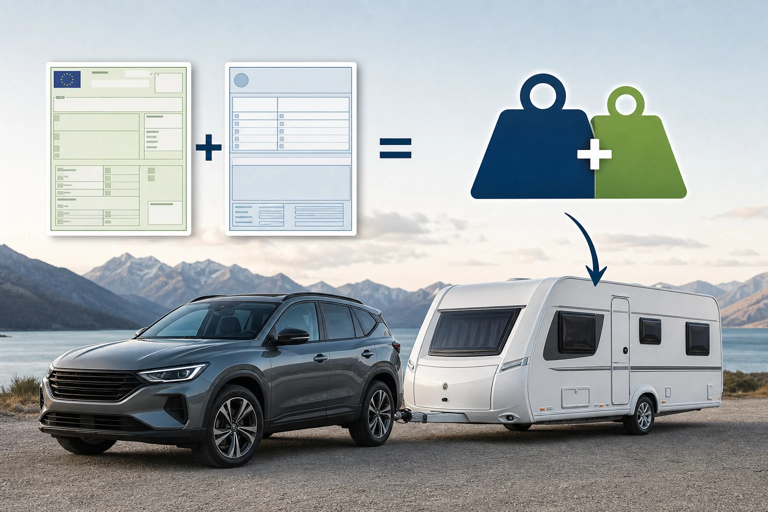 Generic documentation for a car and caravan beside both vehicles to explain the sum of masses
