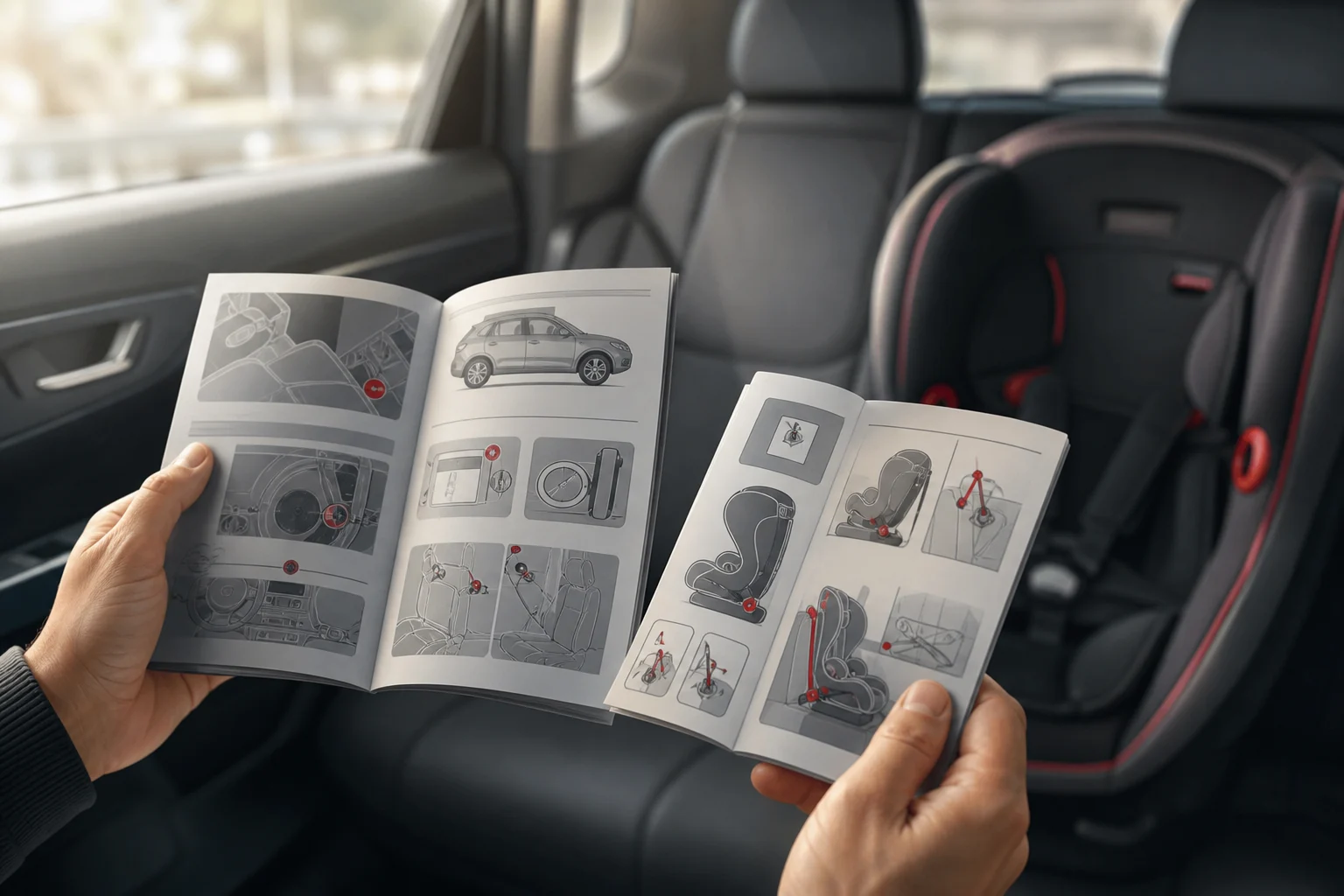 Mains comparant le manuel de la voiture avec les instructions d’un siège enfant