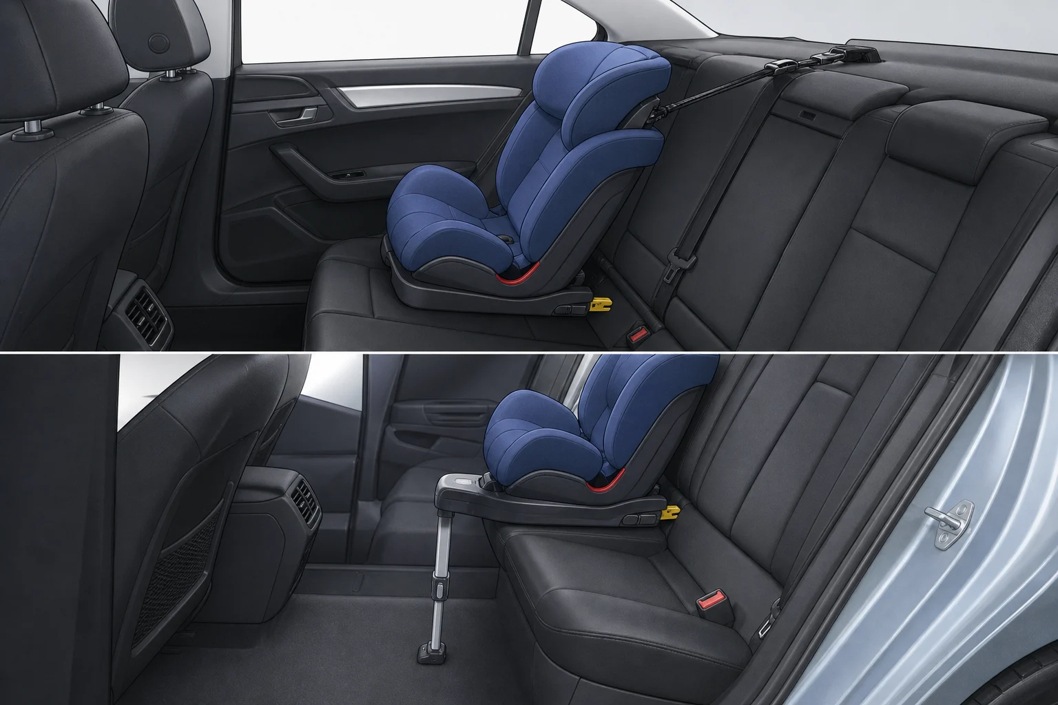 Deux configurations distinctes de siège enfant ISOFIX : l’une avec sangle supérieure et l’autre avec jambe de force