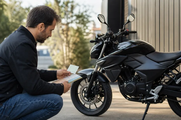Pessoa a verificar o cartão ITV e os dados de uma motocicleta estacionada antes de a comprar.