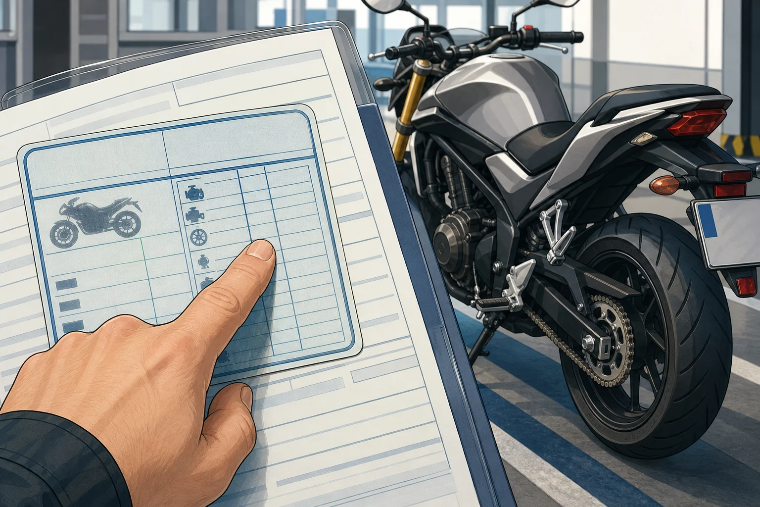 Hand comparing power details on an ITV card beside a parked motorcycle.