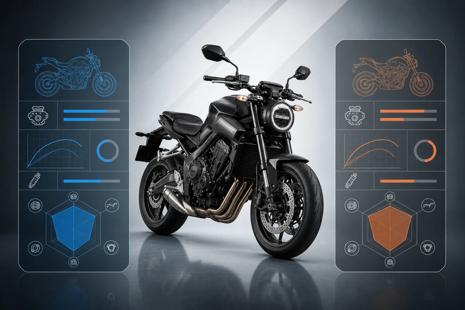 Motorcycle beside two documents representing a comparison between its current configuration and origin.