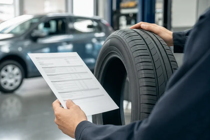 Pessoa a comparar o cartão ITV espanhol ou ficha técnica de um carro com a marcação no flanco de um pneu numa oficina