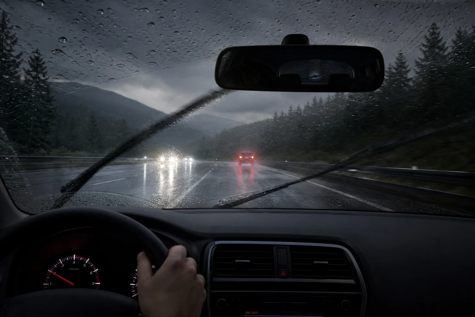 Vista dall’interno di un’auto con pioggia sul parabrezza e veicoli che procedono a distanza su una strada bagnata