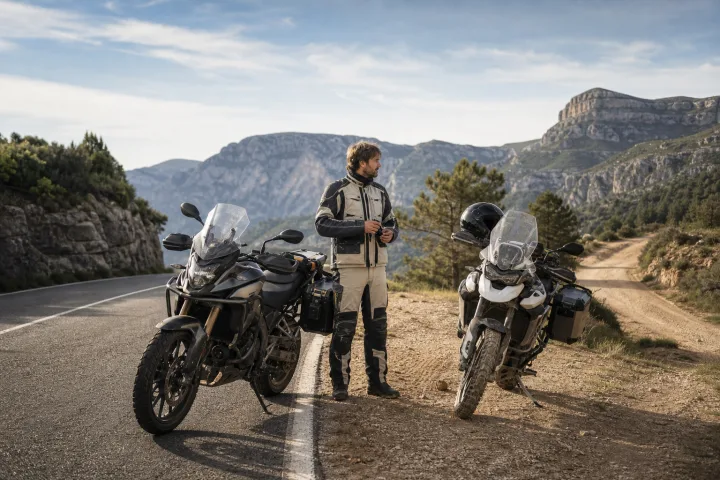 Duas motos trail estacionadas junto a uma estrada asfaltada e a uma pista compactada, com um motociclista a comparar a altura do assento.