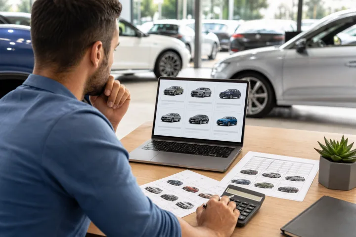 Eine Person vergleicht Autoanzeigen und eine Tabelle mit Preisen, Kilometern und Wiederverkaufswerten