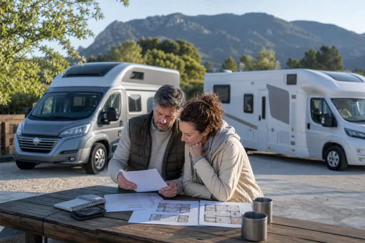 Camper furgonato e autocaravan parcheggiati in un’area autorizzata mentre una coppia controlla una lista di viaggio
