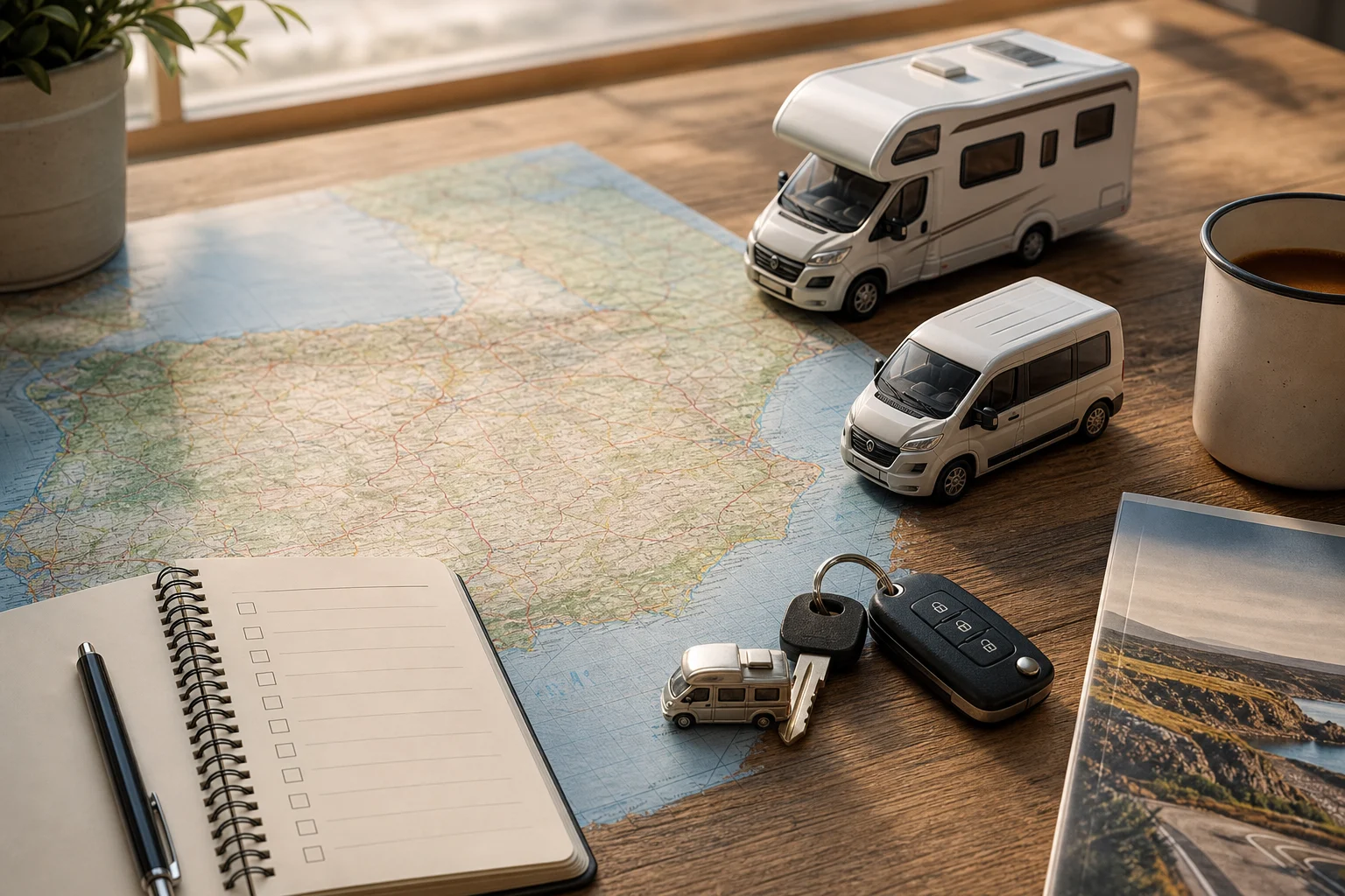 Map, list of needs and keys for planning a campervan or motorhome test