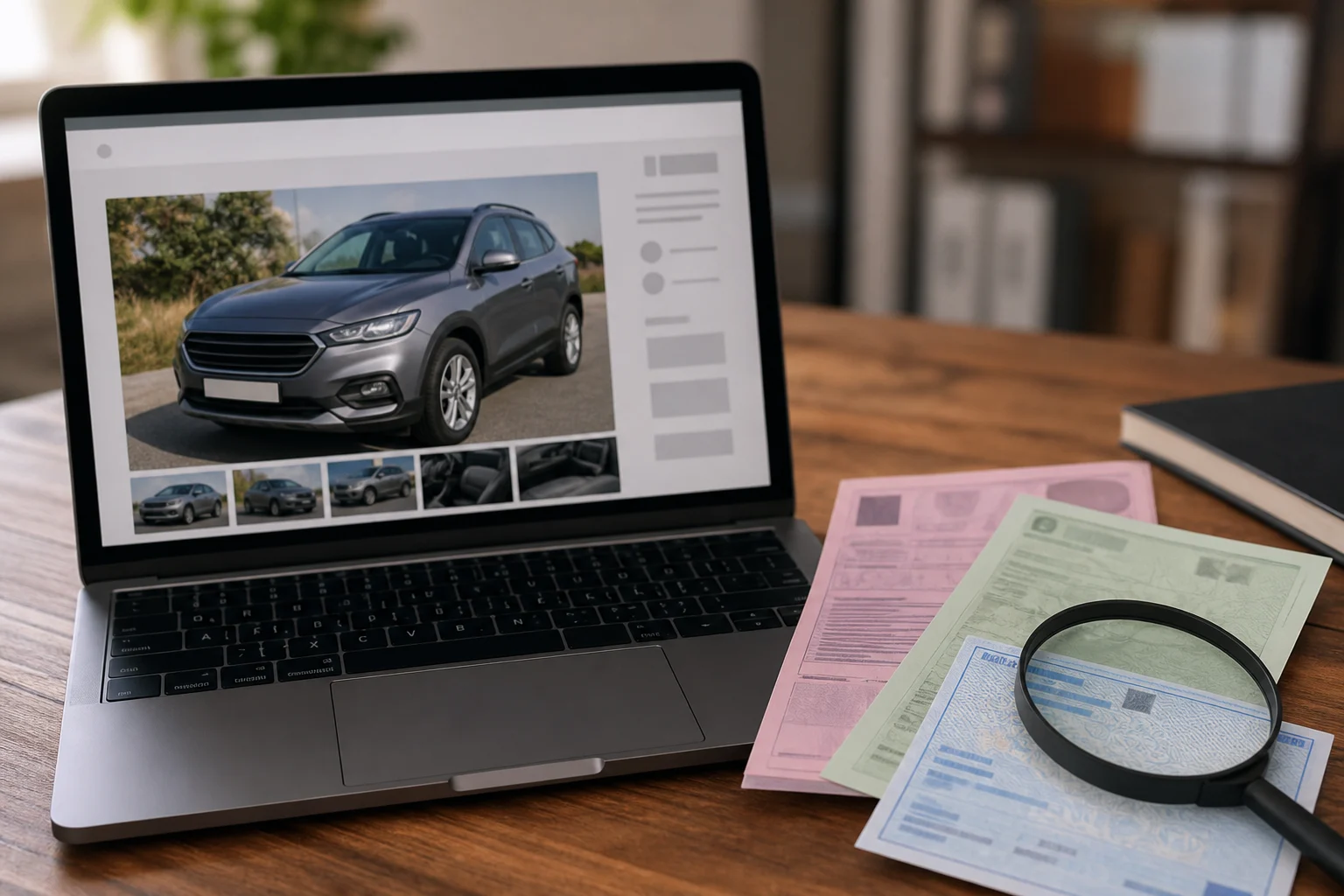 Documentos de um carro usado comparados com um anúncio num ecrã