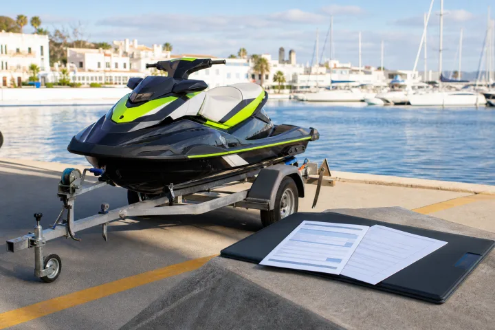 Gebrauchter Jetski auf einem Anhänger neben Kaufunterlagen in einem spanischen Sporthafen