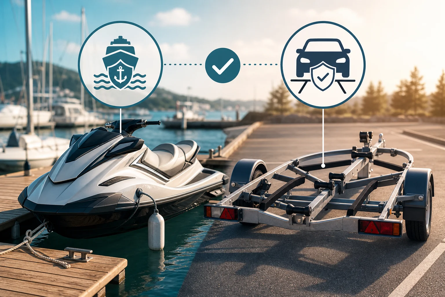 Scooter des mers et remorque avec symboles génériques de registre maritime et routier