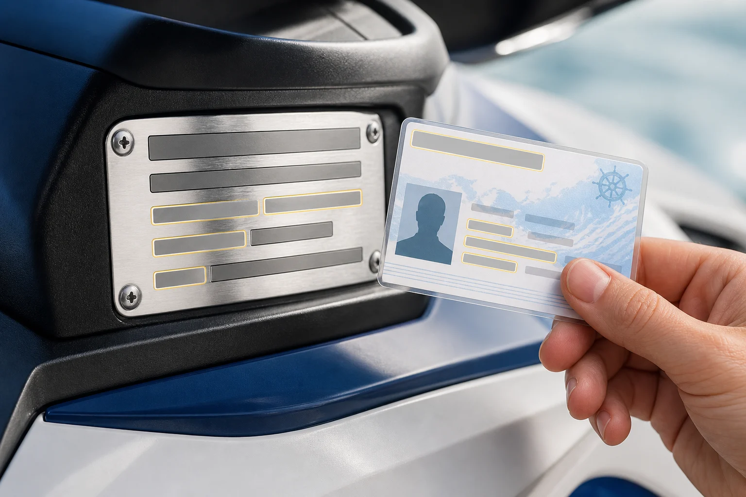Plaque d’identification et Licencia de Navegación fictive avec données concordantes