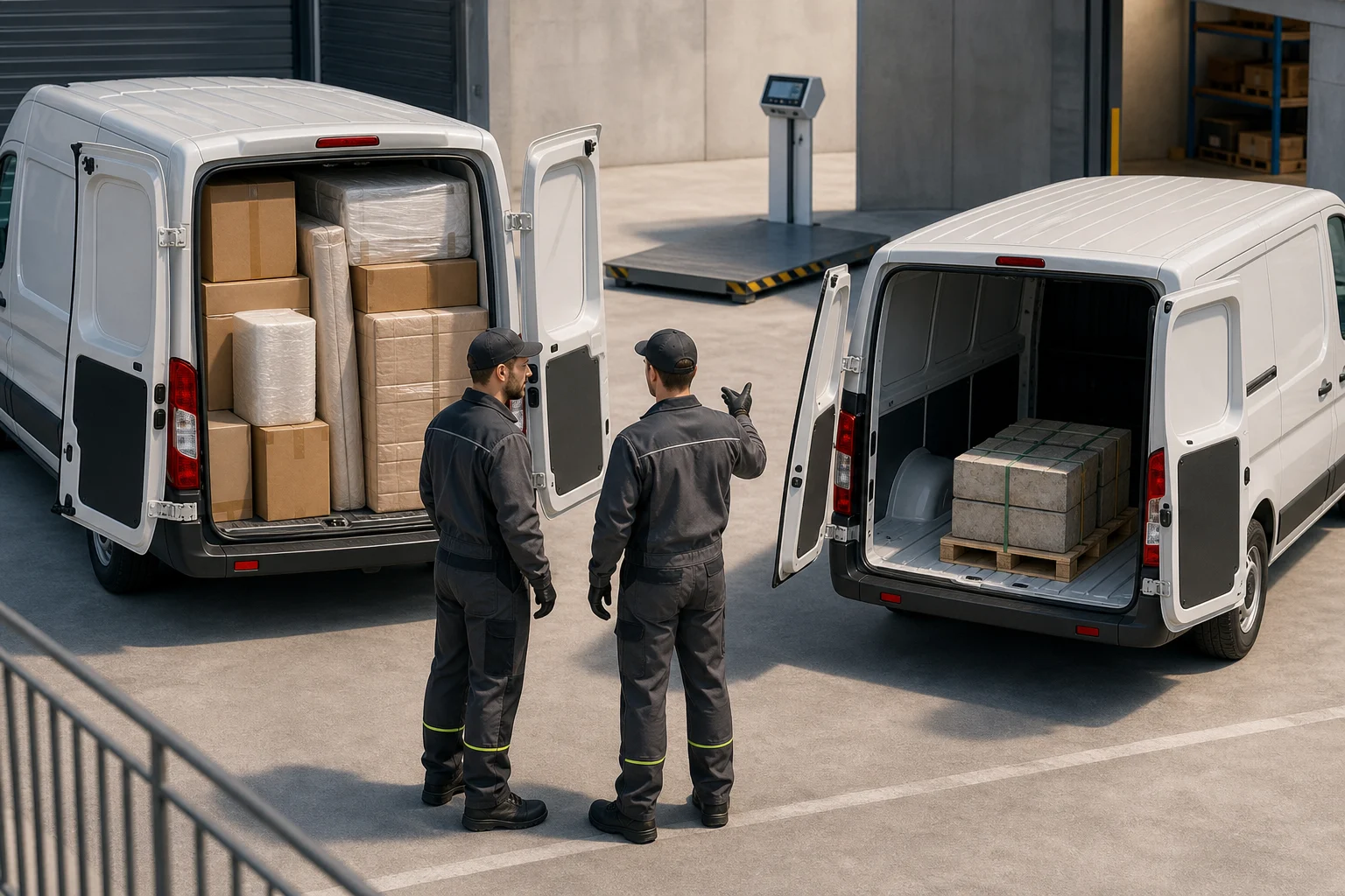 Two vans with different loads, one for bulky parcels and the other for compact materials