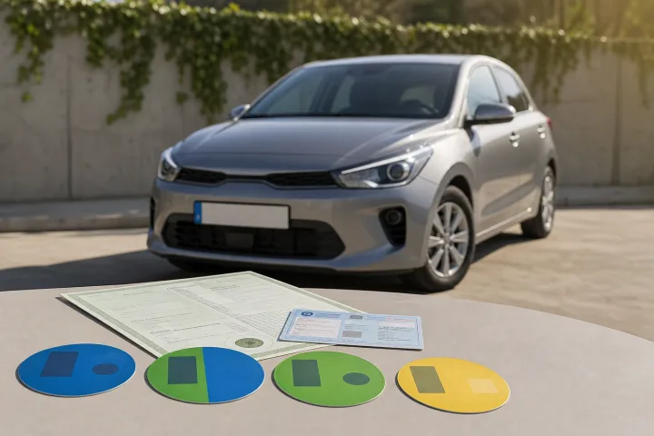 Geparktes Auto neben Fahrzeugunterlagen und den vier Umweltkennzeichen der DGT