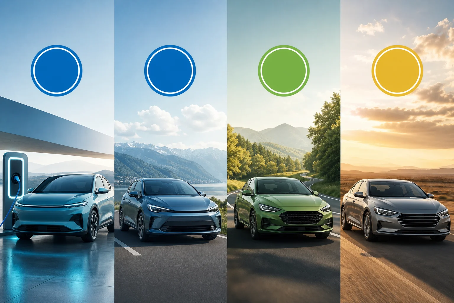 Electric, hybrid, petrol and diesel vehicle silhouettes associated with environmental labels