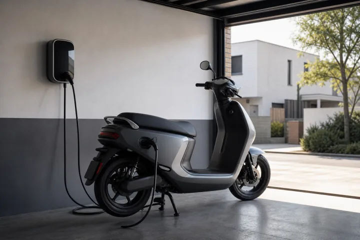 Scooter elettrico collegato a un punto di ricarica in un parcheggio residenziale