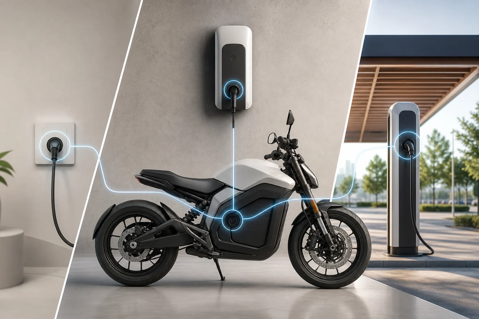 Moto électrique près d’une prise domestique, d’un chargeur mural et d’une borne publique