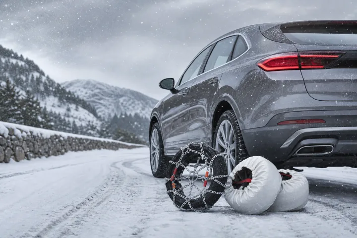 Pkw, der in einem sicheren Bereich neben einer verschneiten Straße steht; Schneeketten und Textilsocken liegen neben den Rädern bereit.