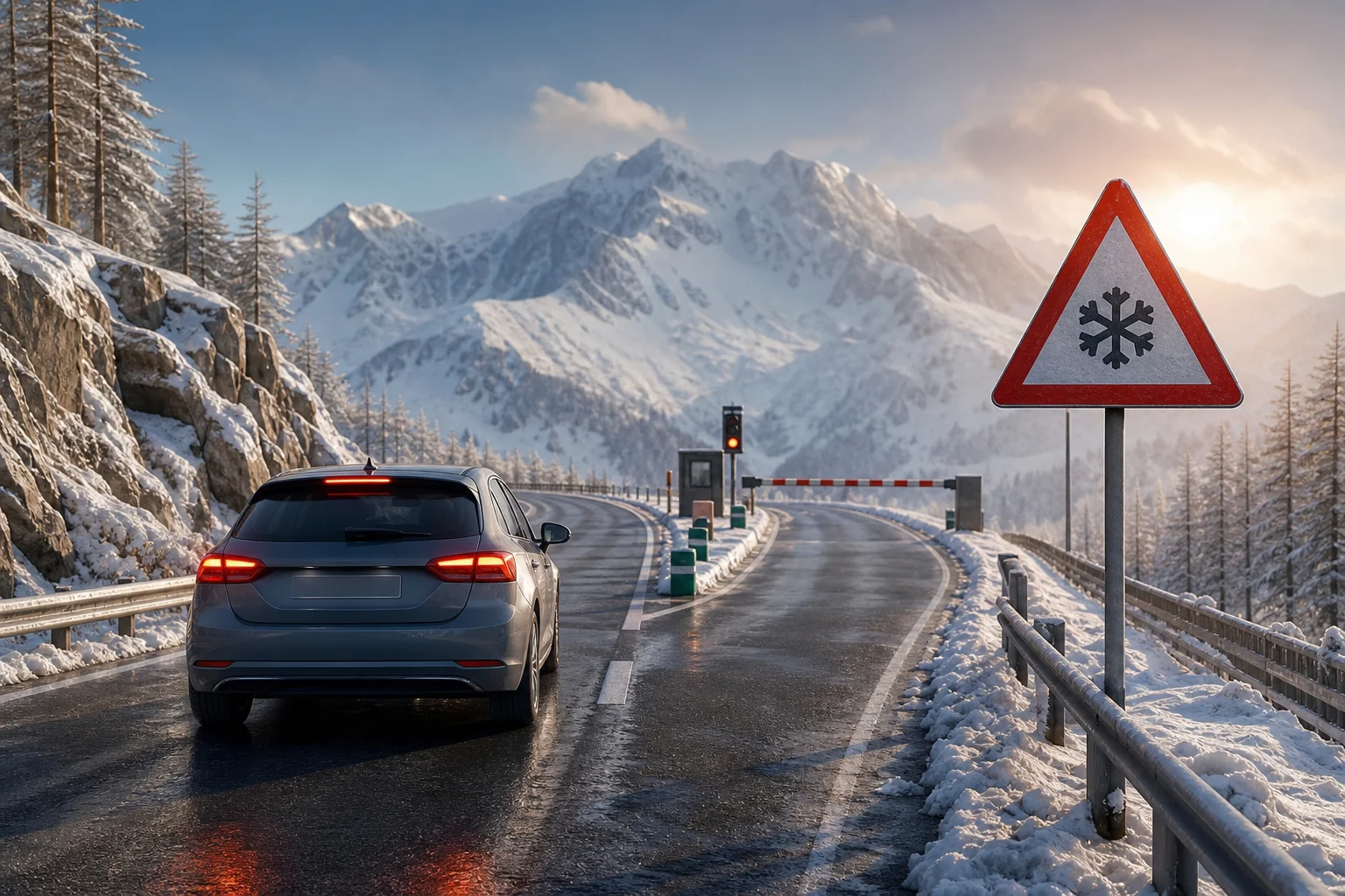 Strada di montagna innevata con segnaletica invernale e una barriera di chiusura sullo sfondo.
