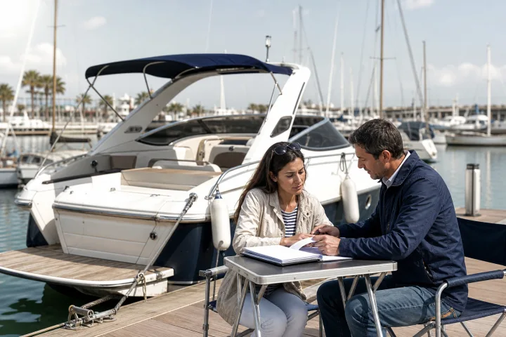 Käufer und Verkäuferin prüfen Dokumente neben einem in einem spanischen Hafen festgemachten Sportboot