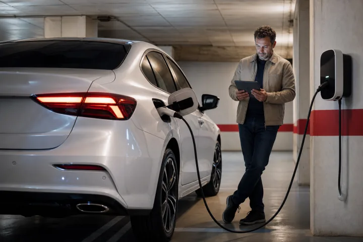 Plug-in-Hybrid auf einem Garagenstellplatz neben einem heimischen Ladepunkt