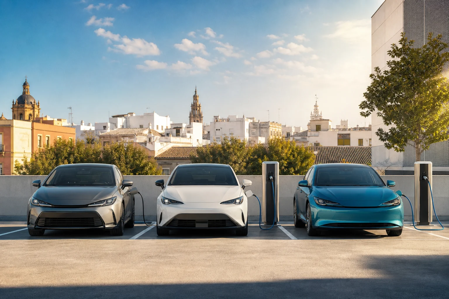 Três carros genéricos que representam híbrido convencional, híbrido plug-in e elétrico num estacionamento