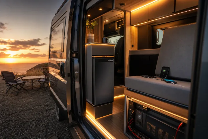 Interno di un camper con batteria ausiliaria, luci accese, frigorifero a compressore e dispositivi da viaggio in carica