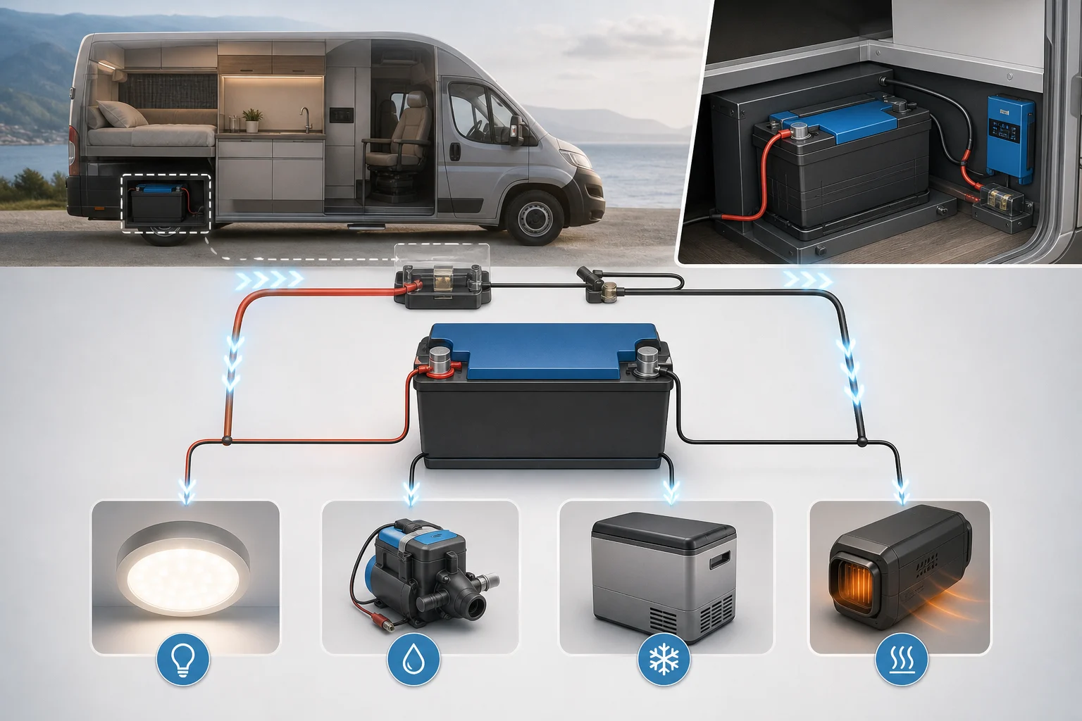 Visual diagram of a camper auxiliary battery connected to lighting, a pump, fridge and heater
