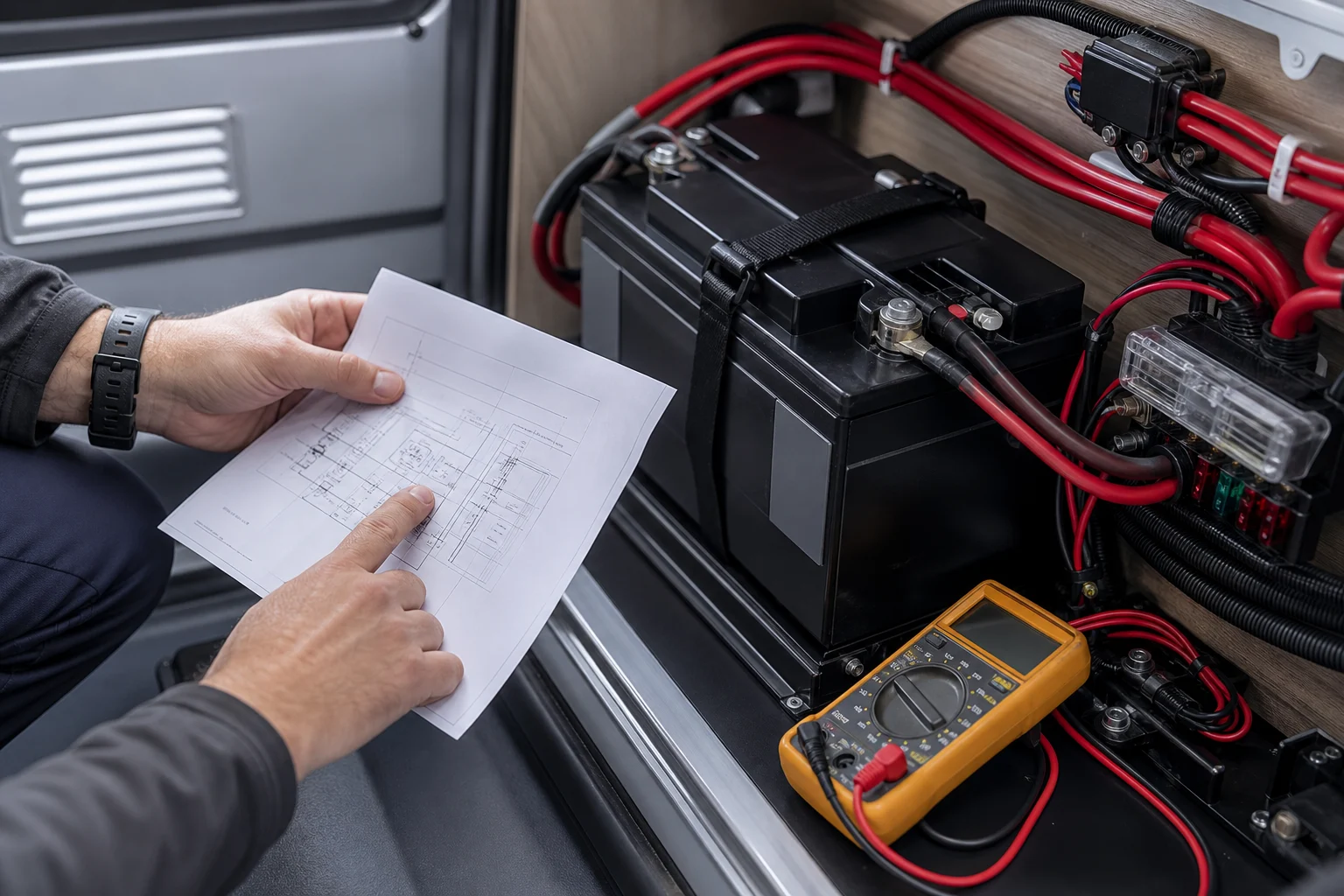 Technical documentation and an auxiliary battery installed in a camper compartment