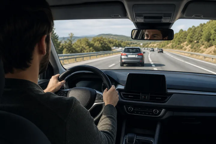 Pkw auf einer Autobahn hinter einem anderen Fahrzeug; der Fahrer ist aufmerksam am Steuer