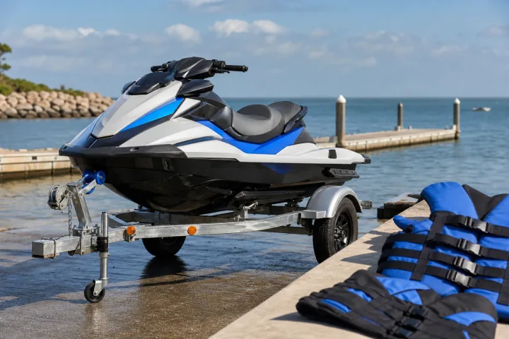 Motomarine près d’une remorque sur une rampe d’accès à la mer