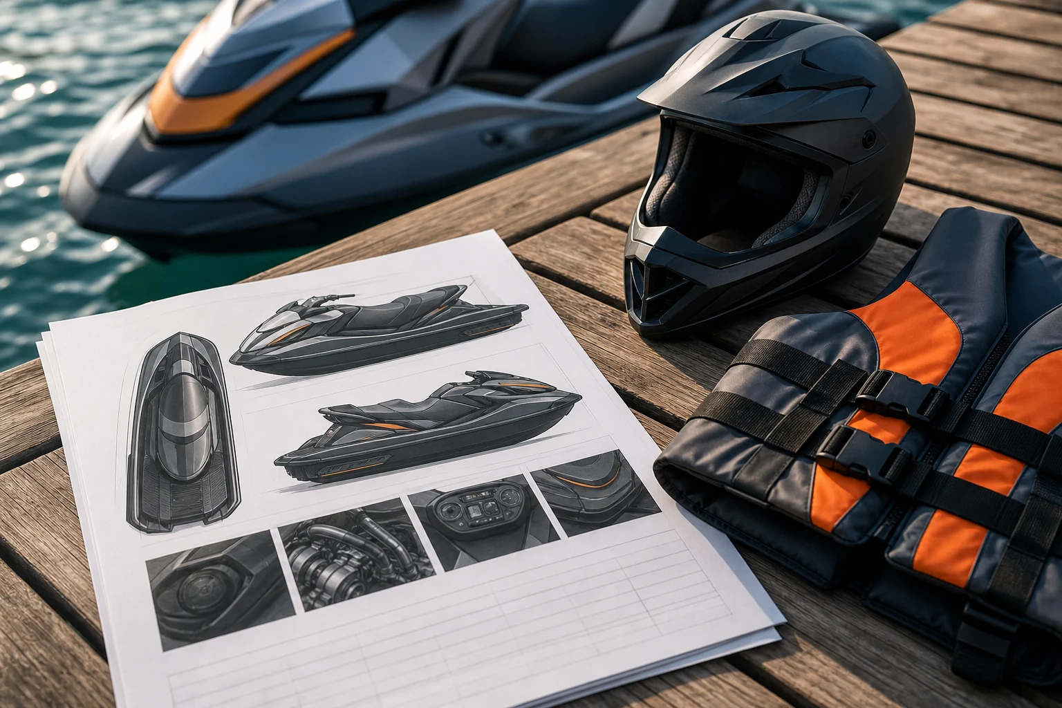 Fiche technique d’une motomarine avec un casque et un gilet de sauvetage sur un quai