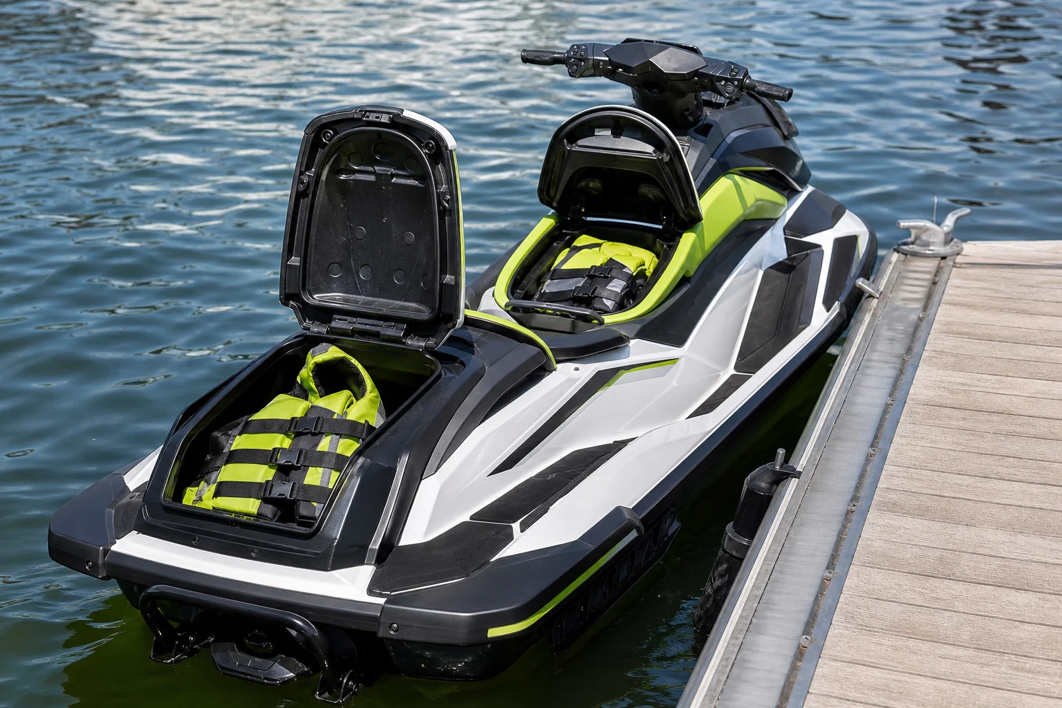 Motomarine de loisir près d’un ponton, avec des compartiments de rangement ouverts et des gilets de sauvetage à bord