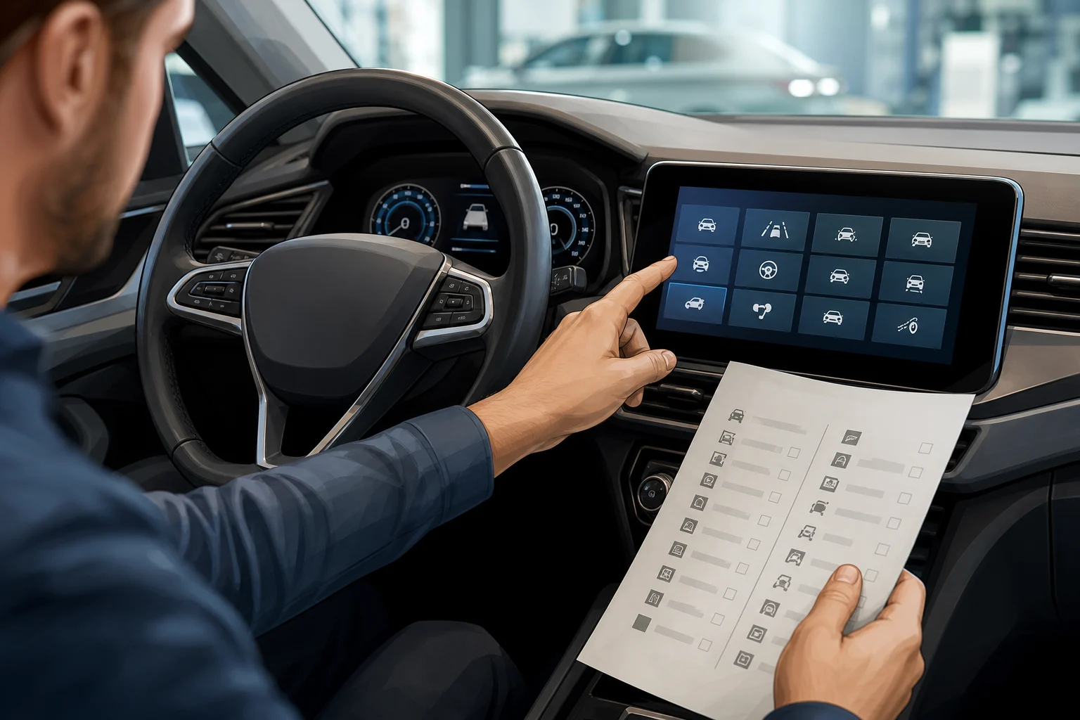 Used car screen and controls while a buyer compares its assistance systems with an equipment list