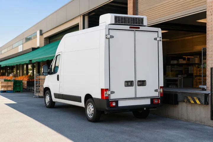 Carrinha de distribuição com caixa isotérmica estacionada junto a uma doca de carga alimentar