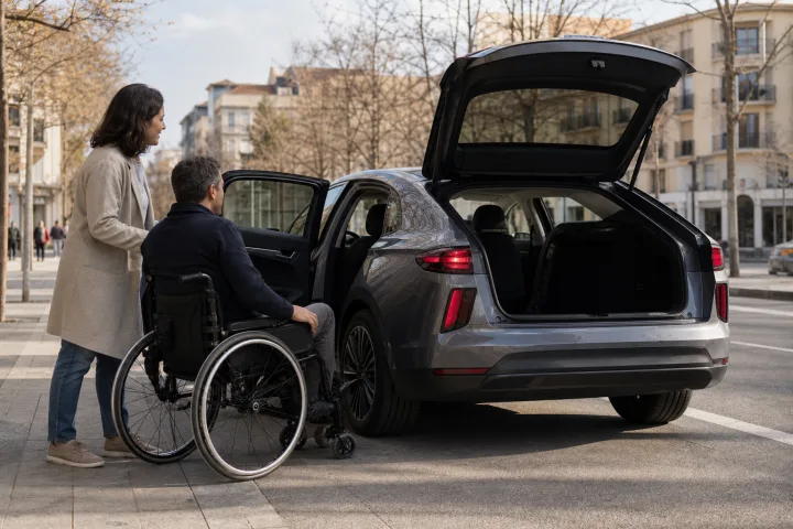 Rollstuhlnutzende Person und Begleitperson prüfen den seitlichen Zugang zu einem geparkten Auto