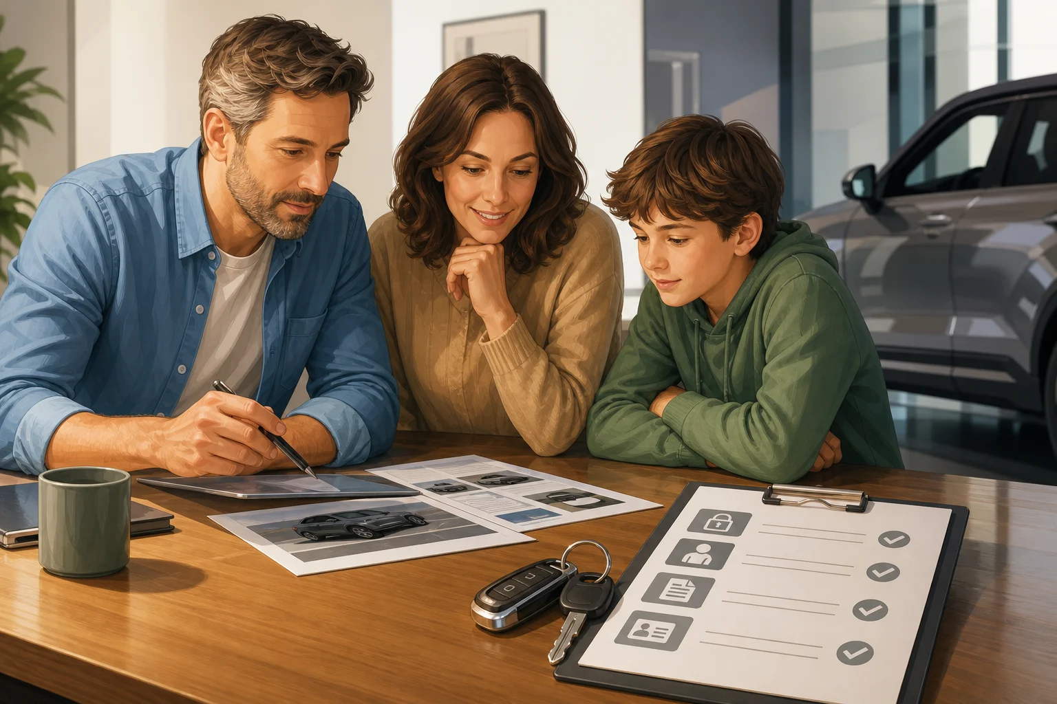 Familie erstellt vor der Auswahl eines Autos eine Prüfliste