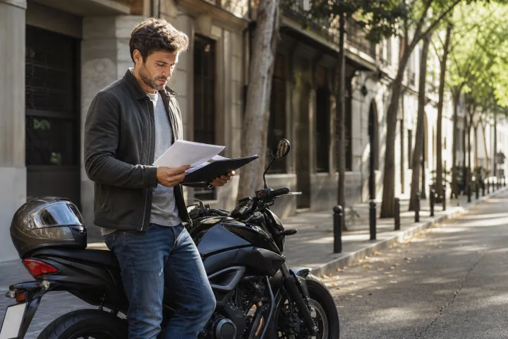 Persona con casco accanto a una moto parcheggiata, mentre controlla un foglio di budget e documenti del veicolo.