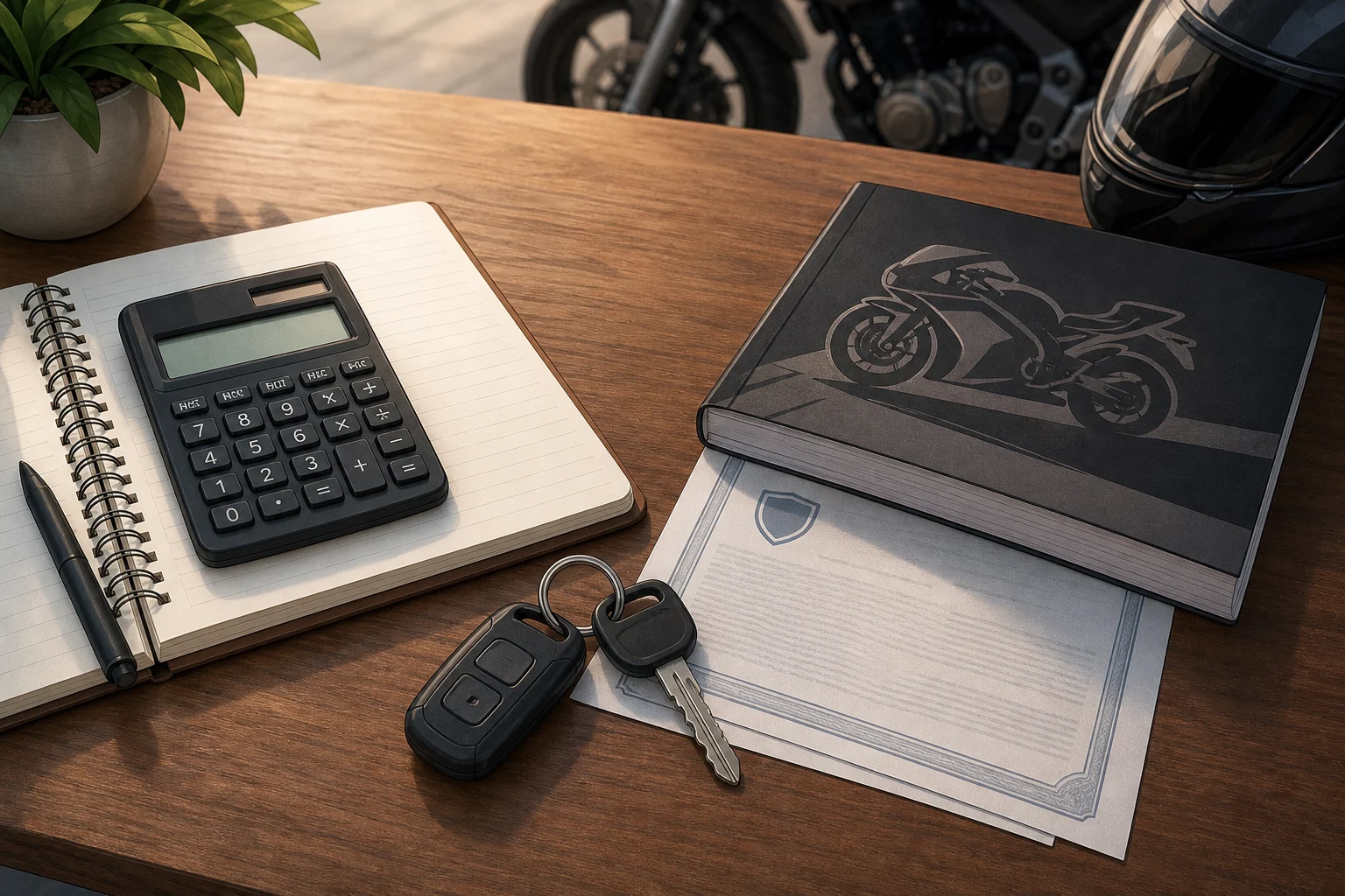 Calcolatrice, manuale della moto, chiavi e documenti su un tavolo per preparare un budget annuo.