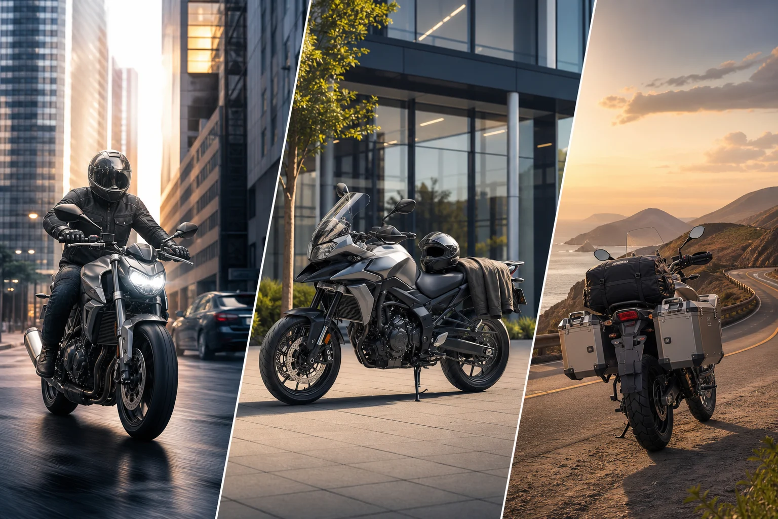 Tre utilizzi di una moto: spostamento urbano, tragitto quotidiano e viaggio su strada.