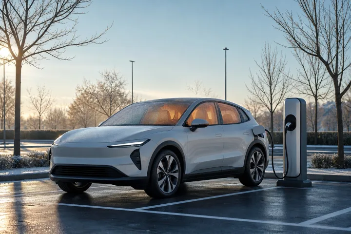 Elektroauto an einer Ladesäule, während der Innenraum auf einem Parkplatz klimatisiert wird