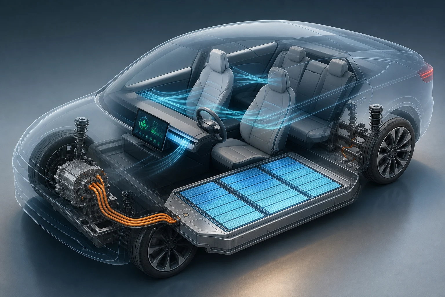 Schéma visuel d’une voiture électrique avec habitacle, écran d’énergie et batterie représentés séparément