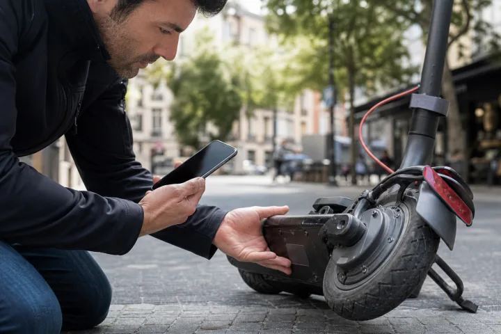 Person prüft die Identifikationsplakette eines E-Scooters neben einem Smartphone mit der DGT-Liste