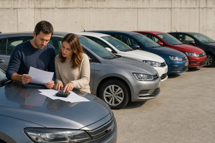 Fünf Fahrer vergleichen Verträge und einen Taschenrechner neben mehreren unterschiedlich großen Autos auf einem Parkplatz.