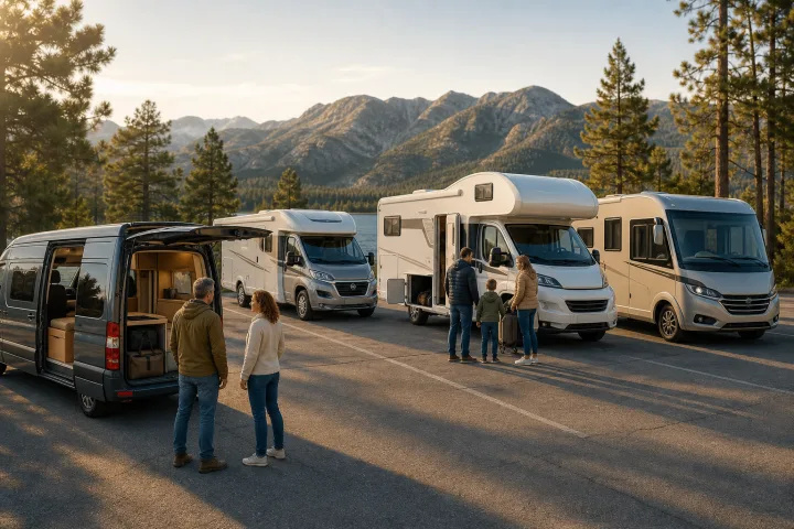 Quattro veicoli ricreazionali di formati diversi parcheggiati accanto a un’area di viaggio, con una coppia e una famiglia che ne valutano le disposizioni interne