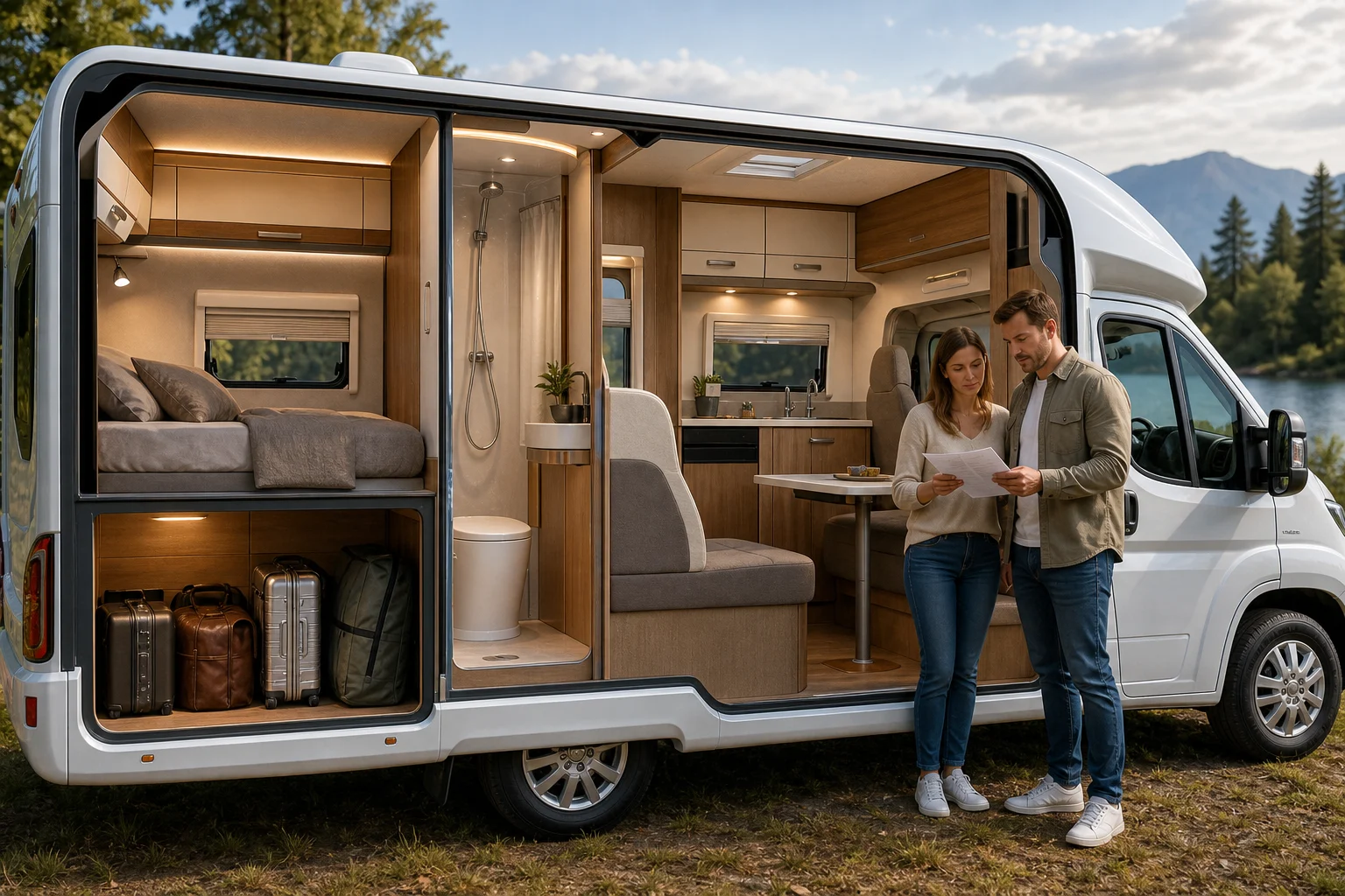 Interior em corte de uma autocaravana com cama, salão, cozinha, casa de banho e bagagem enquanto um casal compara necessidades