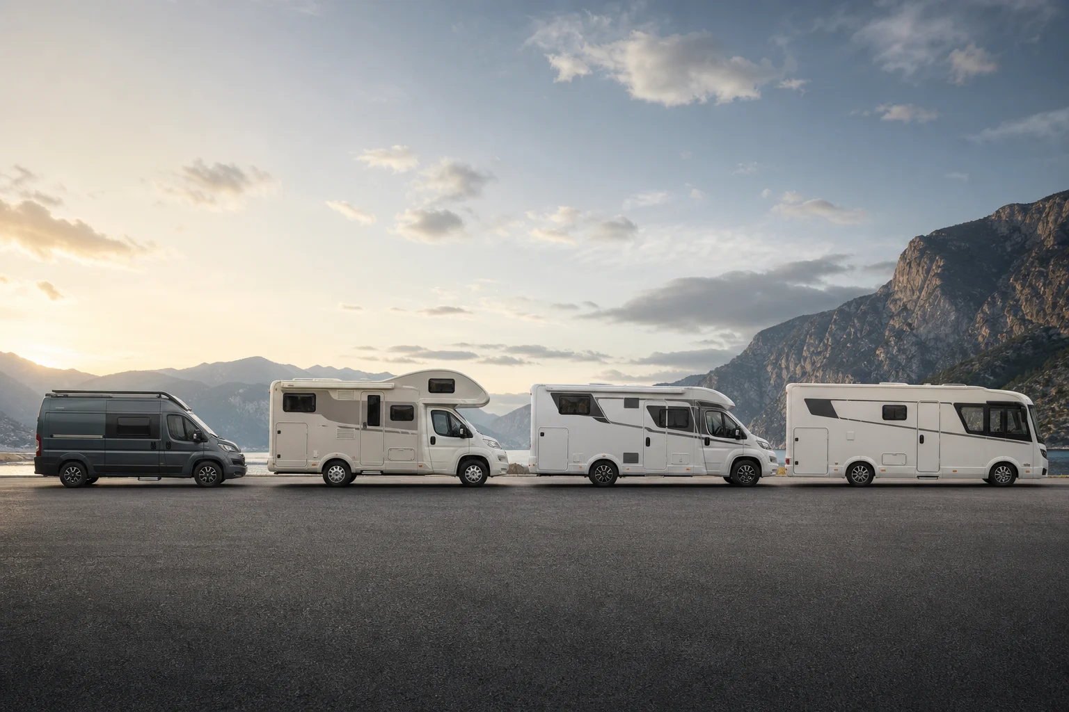 Silhuetas laterais de uma camper, uma autocaravana capuchina, uma perfilada e uma integral